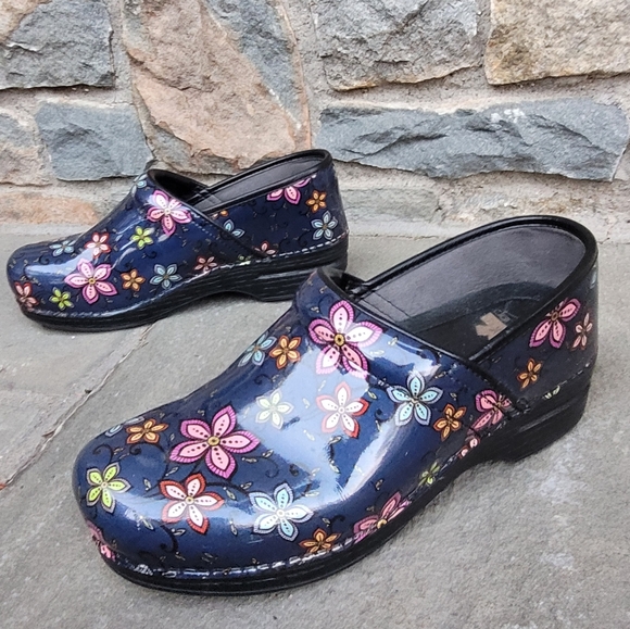 Dansko Shoes - Dansko XP Floral Navy patent leather  clogs